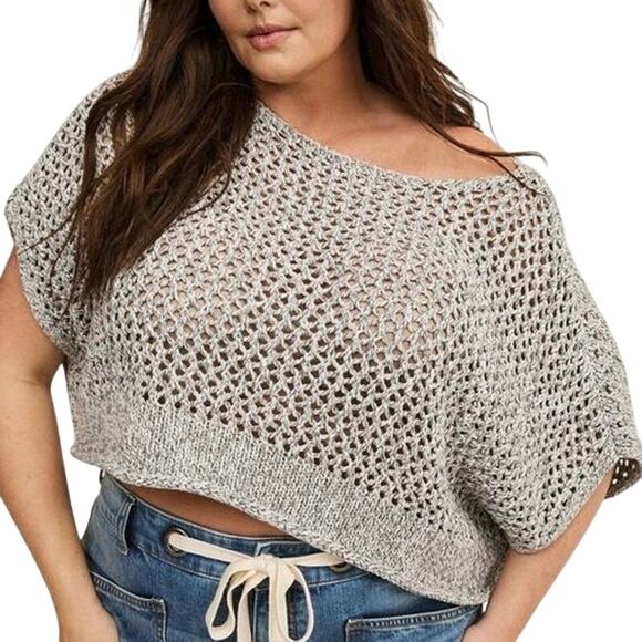 NWT Torrid Open Stitch Pullover Grey Marled Oversized Cropped Sweater Size 1X/2X - Picture 1 of 16